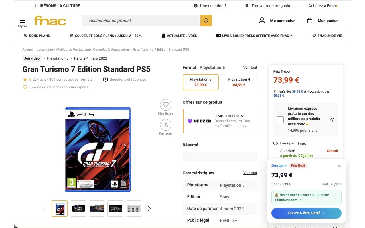 Extension DeaLynx affichant l'historique de prix sur une page produit Fnac